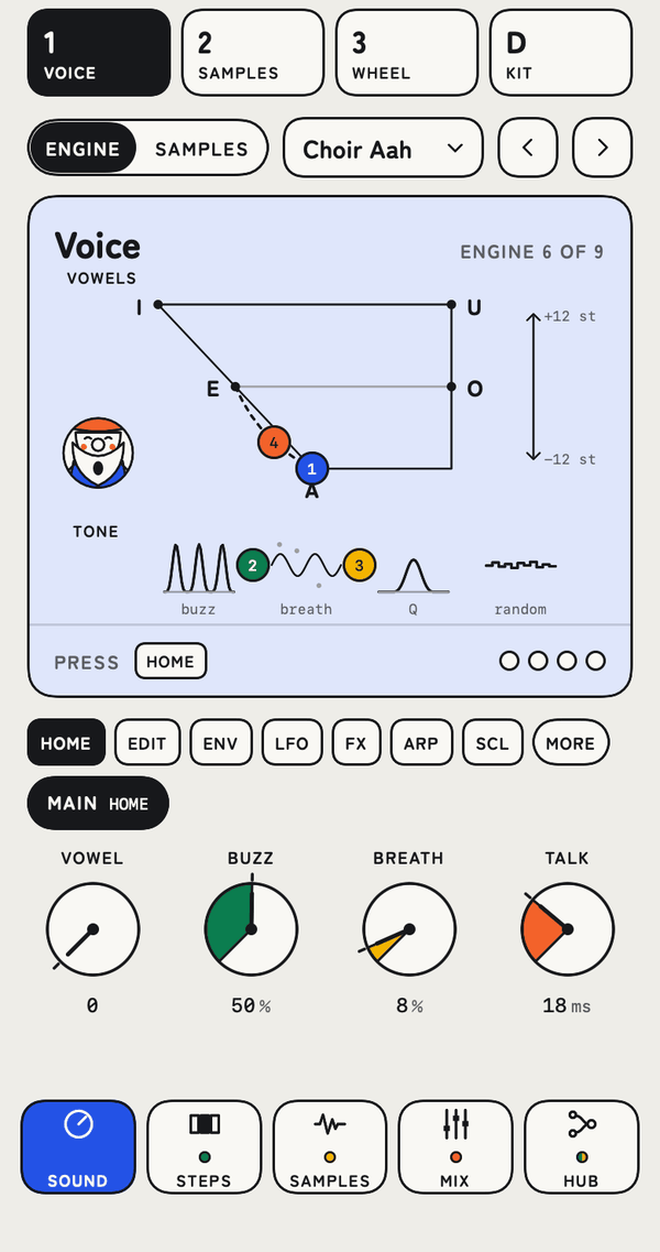 The Gnomad Synth app showing a singing voice: a vowel chart with coloured handles and Vowel, Buzz, Breath and Talk dials.