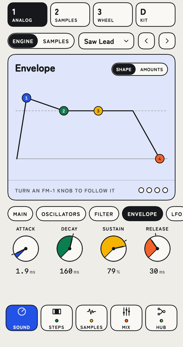 The Gnomad Synth app in Advanced: an envelope drawn as a shape, with Attack, Decay, Sustain and Release dials below.