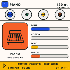 Easy on the FM-1: the Piano picture with four bars, Tone, Motion, Echo and Space.