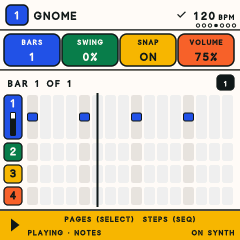 The FM-1 screen showing a loop: four coloured lanes with notes, a playhead line running through them, Bars, Swing, Snap and Volume across the top.